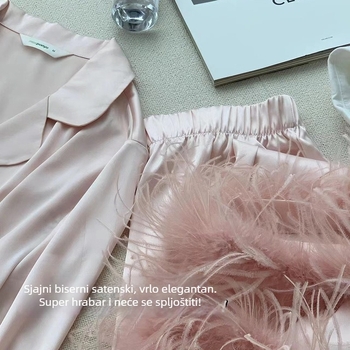 Ženski pyjama set od led silke, dugi rukavi, rever ovratnik, lagano i prozračno, 141–160 g/m2