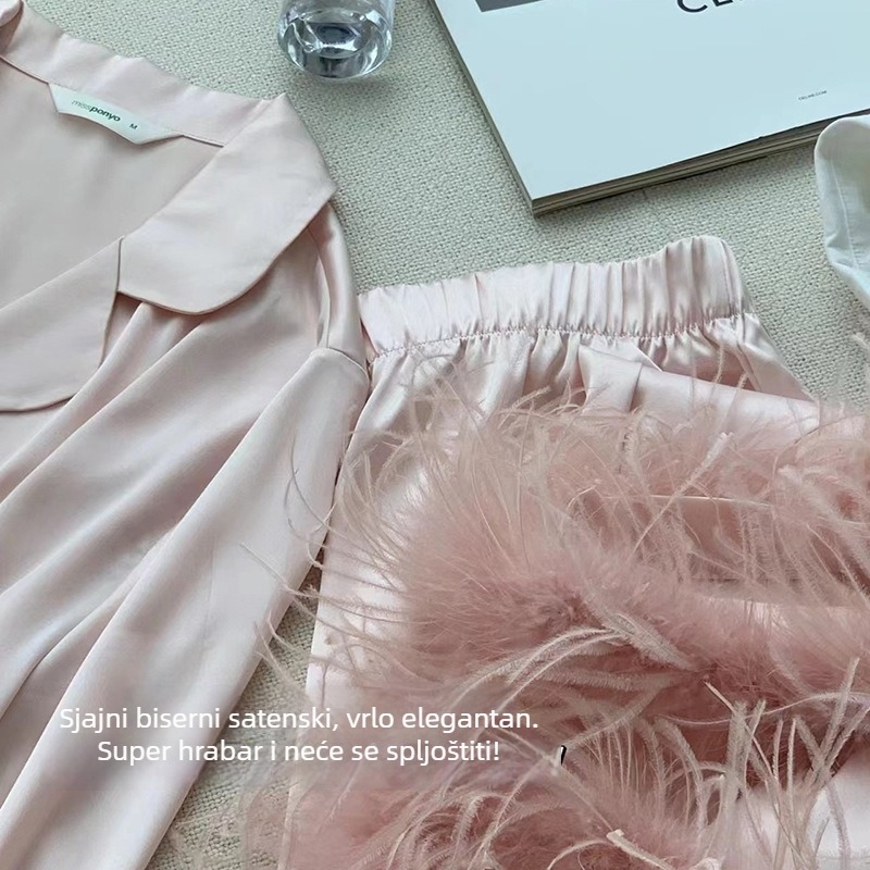 Ženski pyjama set od led silke, dugi rukavi, rever ovratnik, lagano i prozračno, 141–160 g/m2
