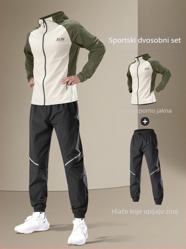 Muški trkaći komplet s kapuljom, dugih rukava, otporan na vjetar, tanak stil, tkanina od poliestera s podstavom od najlona, pogodan za zimske, proljetne i jesenske treninge