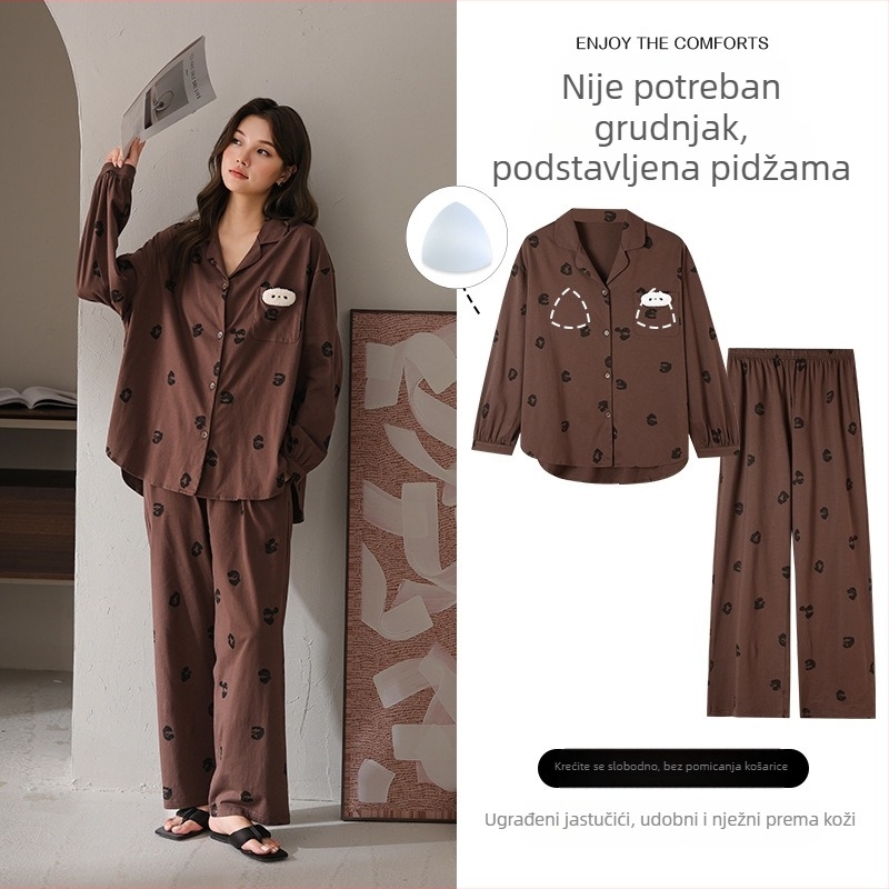 Li Yin ženski pidžama set od Oli pamuka, s podstavljem za prsni dio, s dugim rukavima i hlačama, pogodan za nošenje izvan kuće, sladak stil