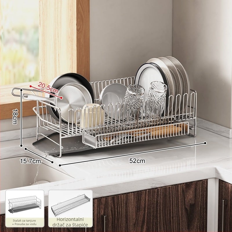 Dvostruki stalak za posuđe od nehrđajućeg čelika 304, za rub sudopera, odvod i skladištenje posuđa