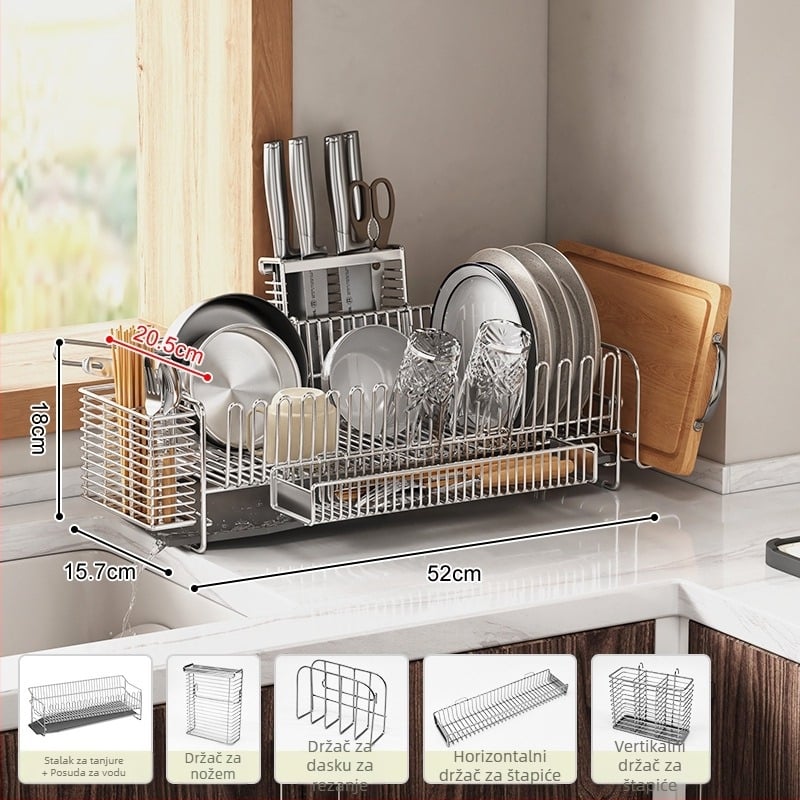Dvostruki stalak za posuđe od nehrđajućeg čelika 304, za rub sudopera, odvod i skladištenje posuđa