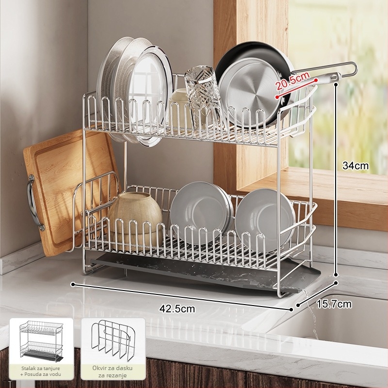 Dvostruki stalak za posuđe od nehrđajućeg čelika 304, za rub sudopera, odvod i skladištenje posuđa