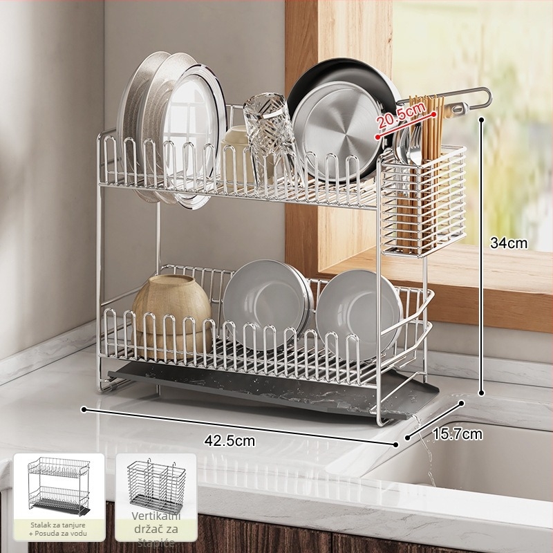 Dvostruki stalak za posuđe od nehrđajućeg čelika 304, za rub sudopera, odvod i skladištenje posuđa