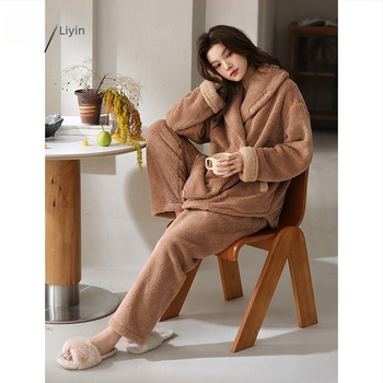 Komplet pidžama od Shu cotton velvet, minimalistički stil, ekstra debela 301–350 g/m2, rever ovratnik, dugi rukavi