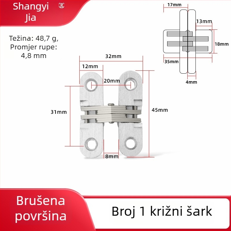 Nerđajući čelični skriveni šarka za drvena vrata, križni dizajn, polirani završetak