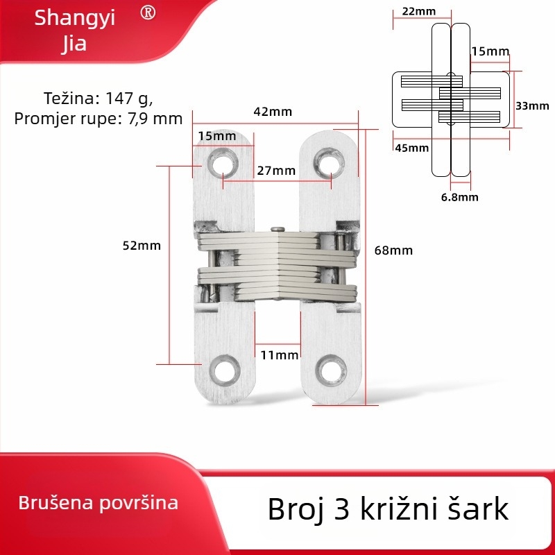 Nerđajući čelični skriveni šarka za drvena vrata, križni dizajn, polirani završetak