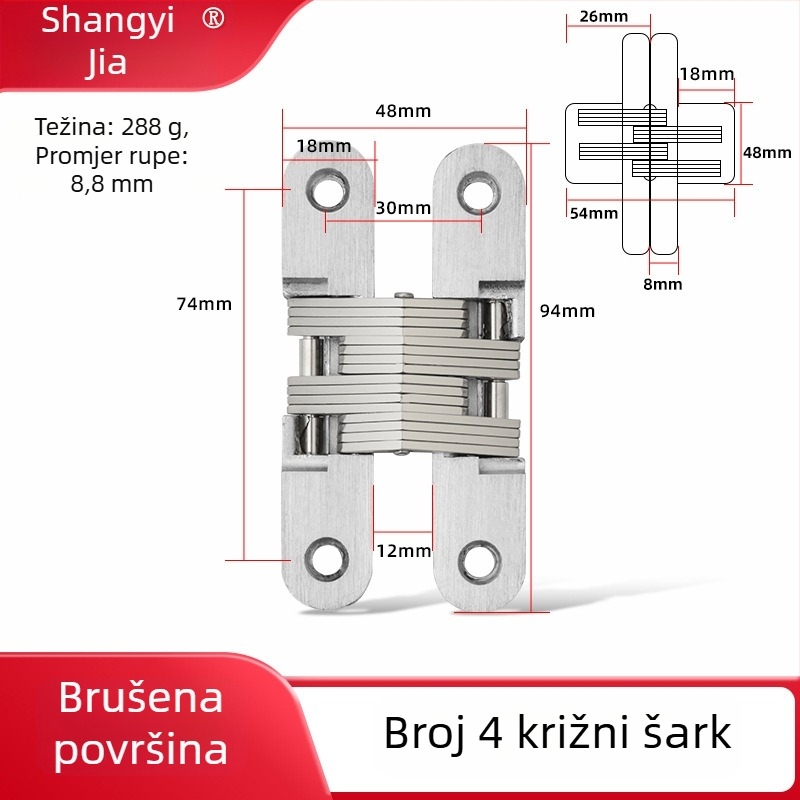 Nerđajući čelični skriveni šarka za drvena vrata, križni dizajn, polirani završetak