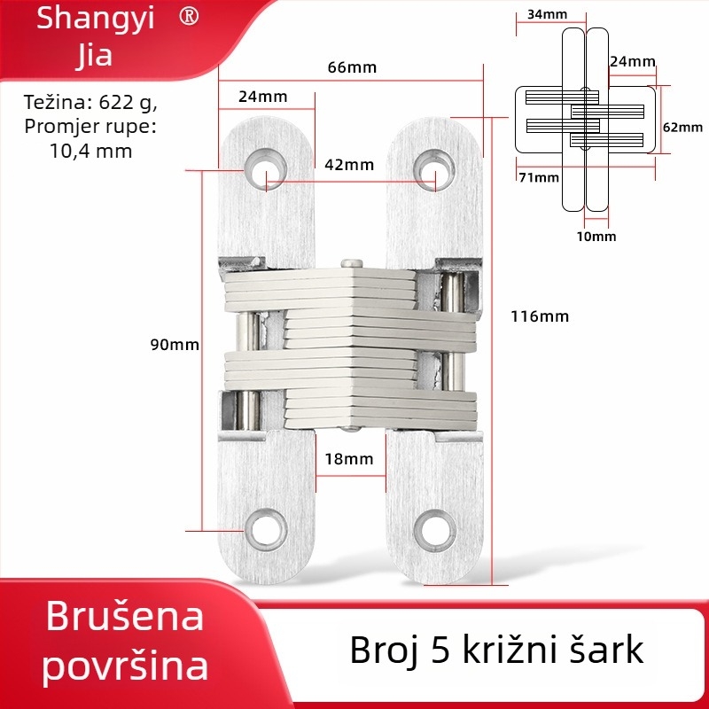 Nerđajući čelični skriveni šarka za drvena vrata, križni dizajn, polirani završetak