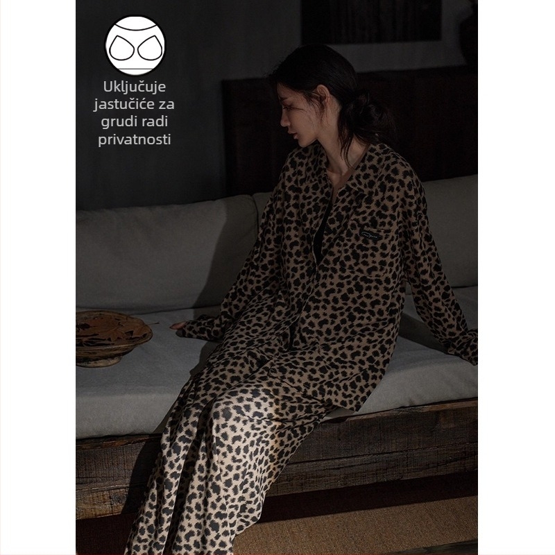 Ženski pidžama set s leopard printom za proljeće i jesen, s dugim rukavima i dugim hlačama, luksuzna kućna odjeća