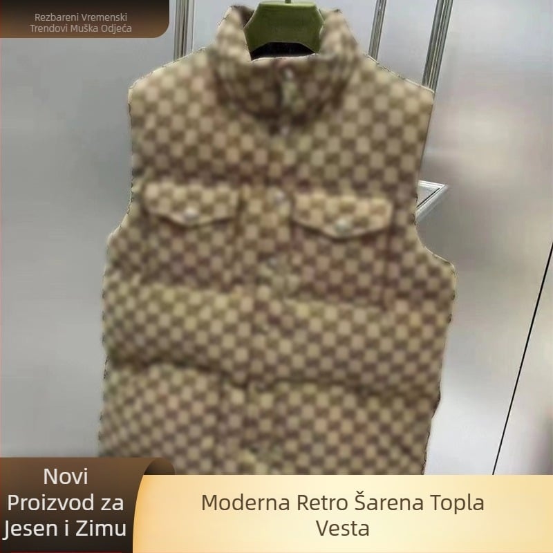Vintage jacquard print down vest s stojećim ovratnikom, jednostruko kopčanje, 3D džepovi