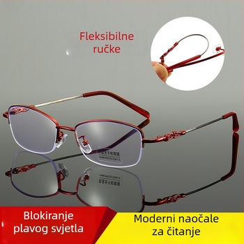 Naočale za čitanje s polu-ramom od titanija, zaštita od plavog svjetla, unisex, lagane, leće visoke rezolucije, kompaktne, elegantne, mladalački izgled