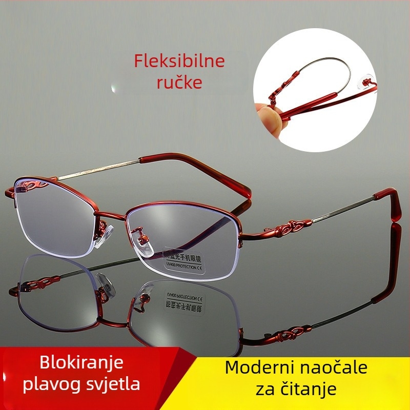 Naočale za čitanje s polu-ramom od titanija, zaštita od plavog svjetla, unisex, lagane, leće visoke rezolucije, kompaktne, elegantne, mladalački izgled