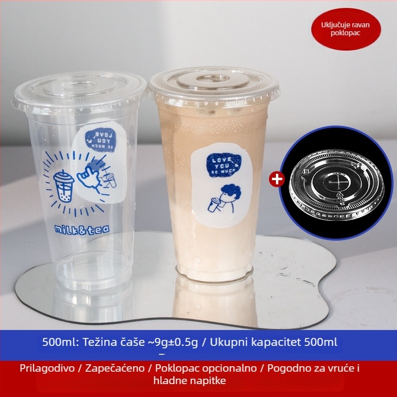 Prozirna jednokratna plastična čaša za mliječni čaj s poklopcem, kapacitet 500/700 ml, biološki razgradiva
