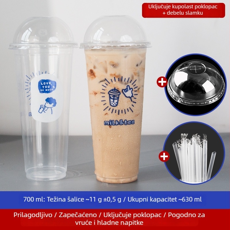 Prozirna jednokratna plastična čaša za mliječni čaj s poklopcem, kapacitet 500/700 ml, biološki razgradiva