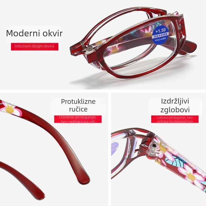 Prijenosne ženske naočale za čitanje s uzorkom, sklopive, modne, visokog ranga, ultra lagane, elegantne, zaštita od plavog svjetla, HD oštrina