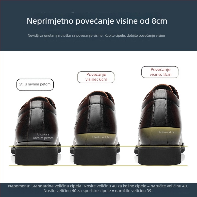 Muške kožne formalne cipele Combe, prozračne dizajnirane, povećavaju visinu, uski nos, vezanje, gumeni potplat