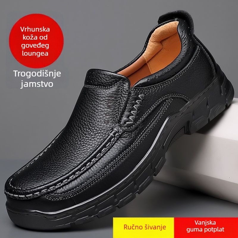 Muške kožne cipele za jesen zimu, ležerni loafers; gornji dio od prvog sloja teleće kože; TPU potplat s vulkaniziranom konstrukcijom; podstava i ulošak od drugog sloja svinjske kože; prozračne, protuklizne
