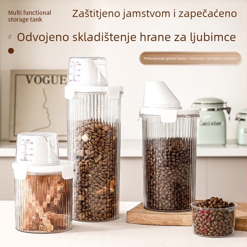 Prozirni spremnik za hranu za mačke i pse, vodootporan i zatvoren, s kontroliranim hranjenjem, materijal PP, kapacitet 1–2 L.