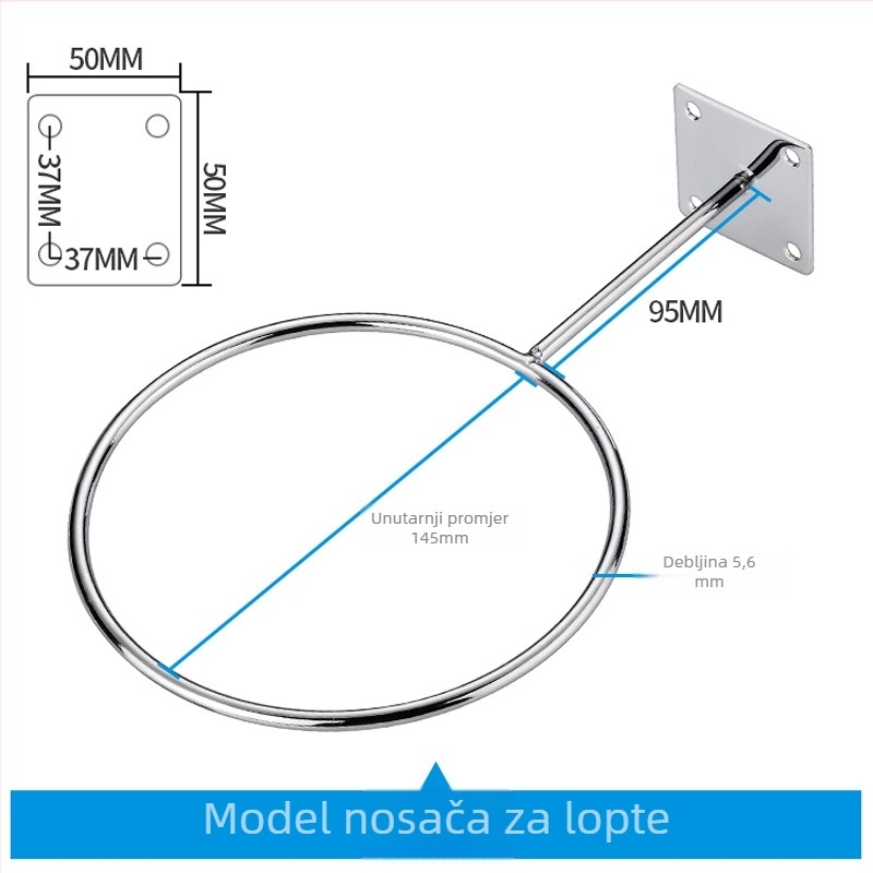 Zidni držač za lopte od željeza, jedan kuk, moderni minimalistički dizajn, nosivost do 5 kg, za košarku i nogomet
