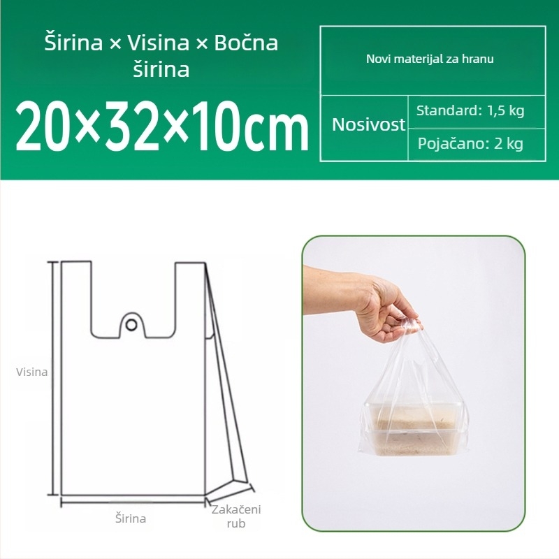 Prozirna vrećica tipa prsluk od HDPE-a, za hranu, jednokratna, pogodna za mikrovalnu, debele