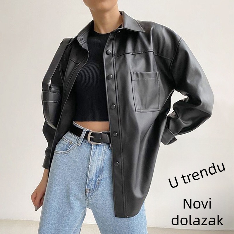 Ženska PU kožna jakna s reverom, dizajn splicing, gradski hipster stil, zatvarač u jednom redu s više kopči, duljina 50–65 cm