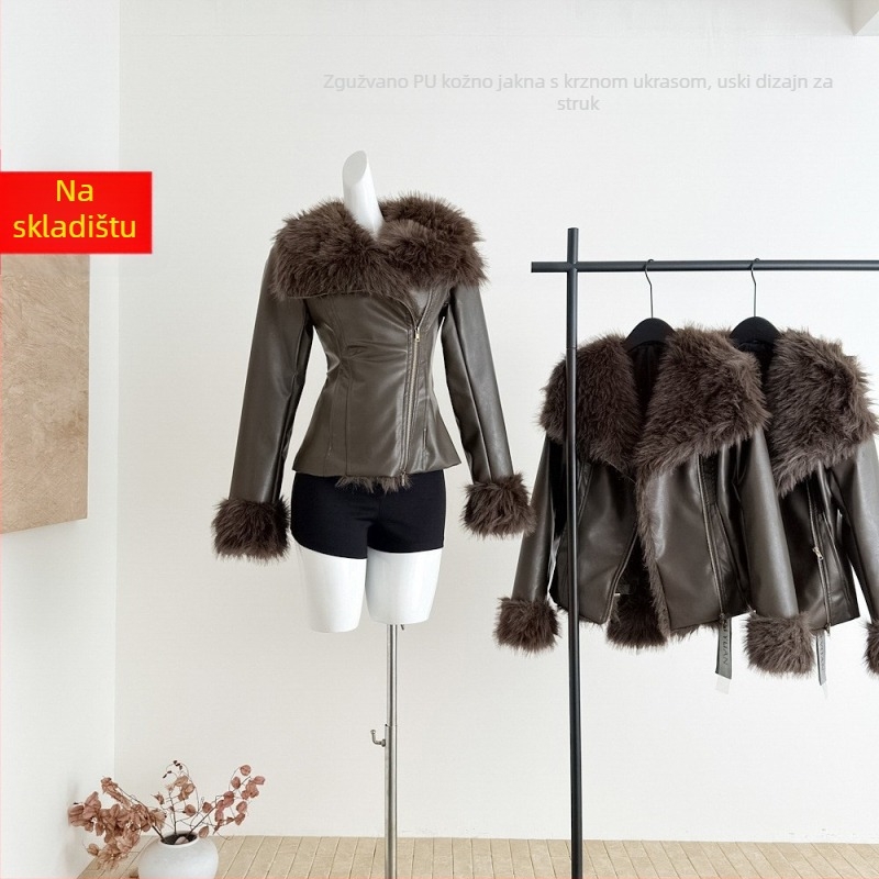 Ženska jakna od umjetne kože (Faux Leather, Slim Fit, Nagnuti ovratnik, Zipper, Standardna duljina)