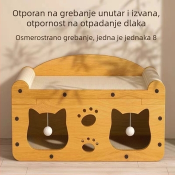 Kućica za mačke s integriranom pločom za grebanje, dvostruki sloj, od valovitog papira, crtani stil