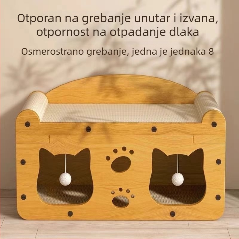 Kućica za mačke s integriranom pločom za grebanje, dvostruki sloj, od valovitog papira, crtani stil