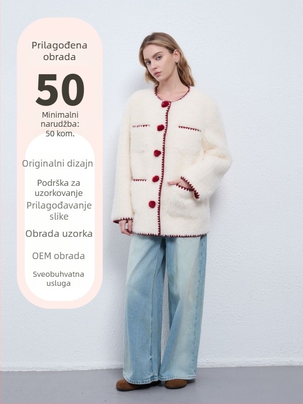 Ženska jakna od umjetne kože s krznenom podstavom, okrugli ovratnik, dugi rukavi, ravni kroj, elegantan gradski stil