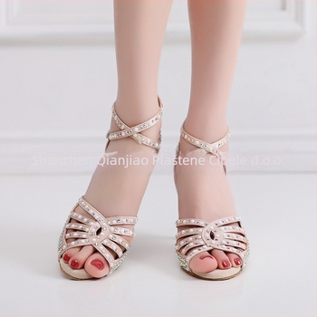 Ženske latino plesne cipele s visokim petom i kristalima, mek pod, svilen vrh, đon od teleće kože, podesiva visina peta 5-10 cm