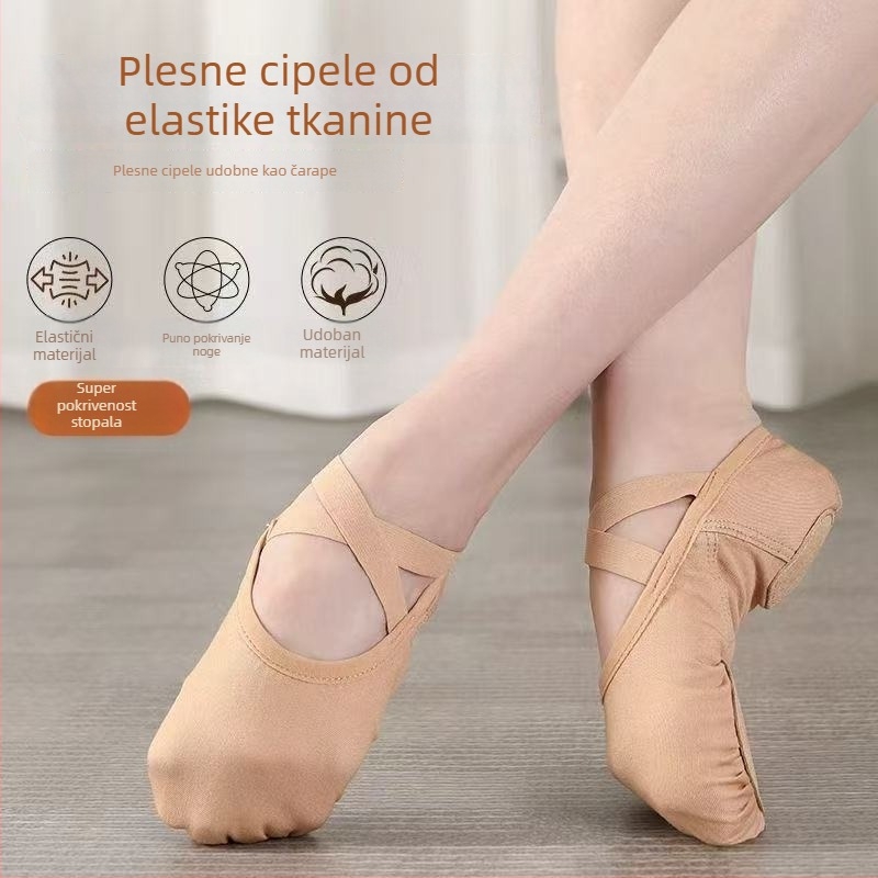 Plesne cipele od elastičnog materijala, mekani PU potplat, dvostruko slojeviti spojni dizajn, obuhva stopalo, za balet i moderni ples