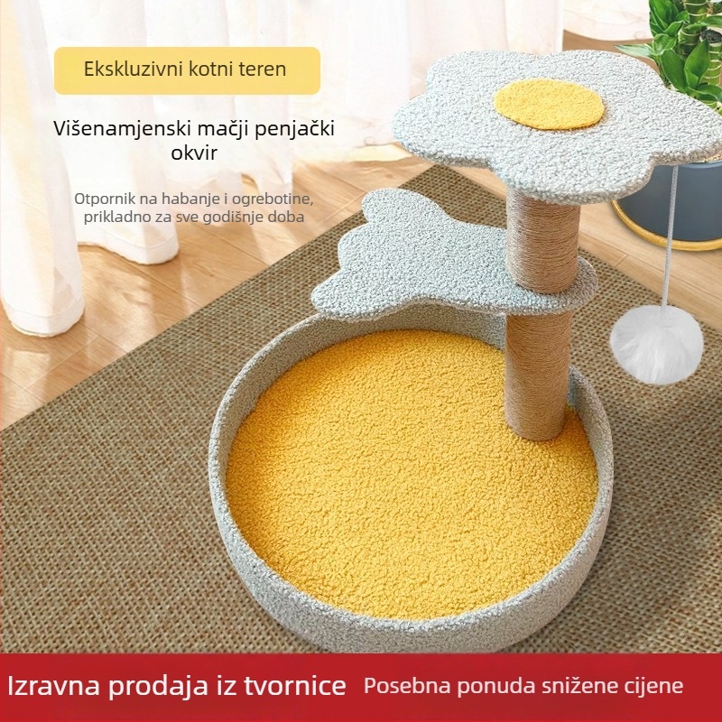 Drveno mačje penjačko stablo s pločom za grebanje, skakačkom platformom i udobnim gnijezdom — sladak stil