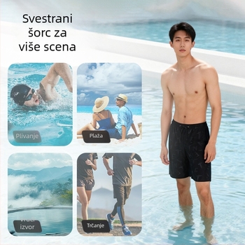 Muške brzo sušeće plaža šorceve s elastičnim pojasom – print uzorak, tkanina poliester 80–90%, podstava poliester 100%, za plivanje i vodene sportove.