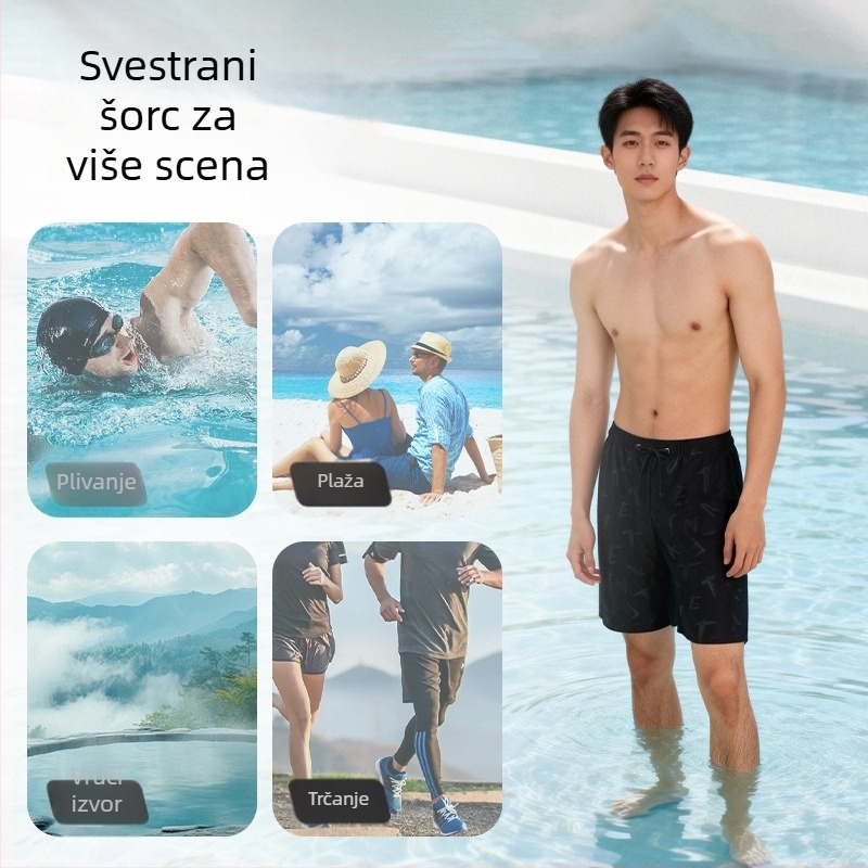 Muške brzo sušeće plaža šorceve s elastičnim pojasom – print uzorak, tkanina poliester 80–90%, podstava poliester 100%, za plivanje i vodene sportove.