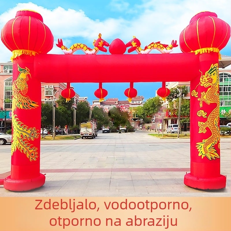 Napuhiva svadbena luka za otvoreno s motivom Zmaja i Feniksa te lukom duge