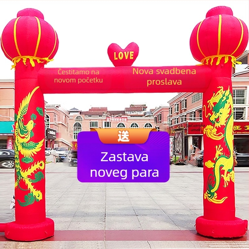 Napuhiva svadbena luka za otvoreno s motivom Zmaja i Feniksa te lukom duge