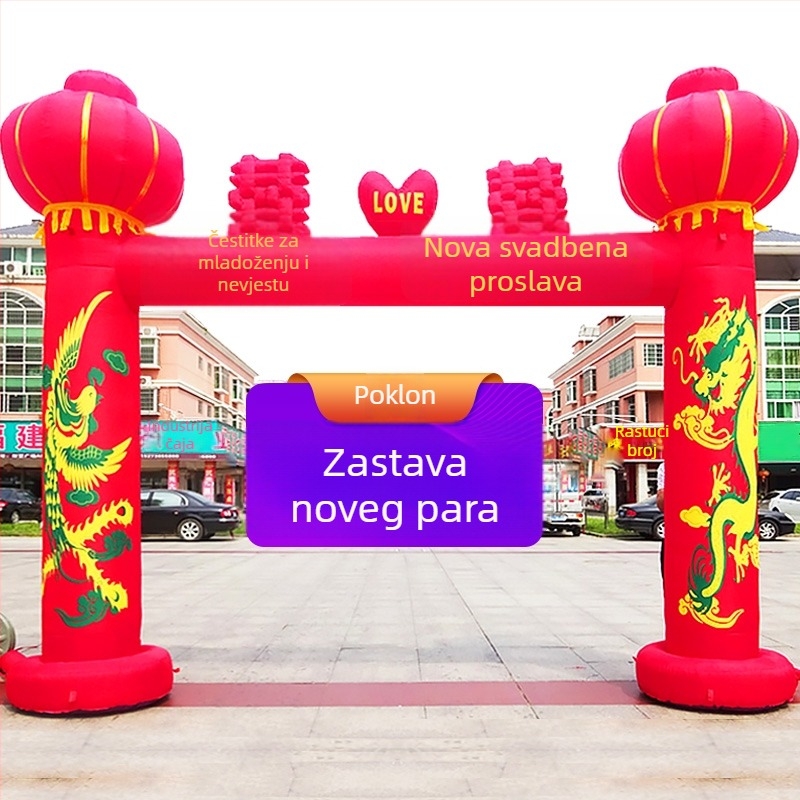 Napuhiva svadbena luka za otvoreno s motivom Zmaja i Feniksa te lukom duge