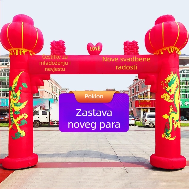 Napuhiva svadbena luka za otvoreno s motivom Zmaja i Feniksa te lukom duge