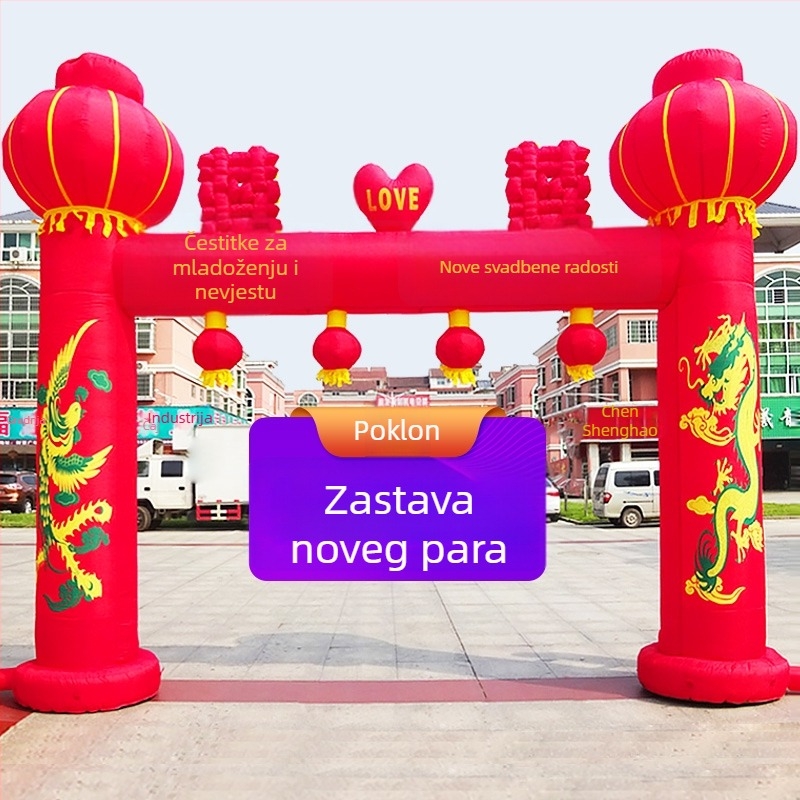 Napuhiva svadbena luka za otvoreno s motivom Zmaja i Feniksa te lukom duge