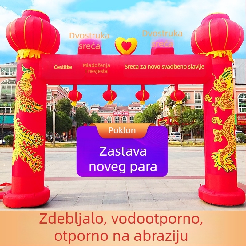 Napuhiva svadbena luka za otvoreno s motivom Zmaja i Feniksa te lukom duge