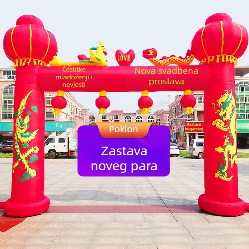 Napuhiva svadbena luka za otvoreno s motivom Zmaja i Feniksa te lukom duge
