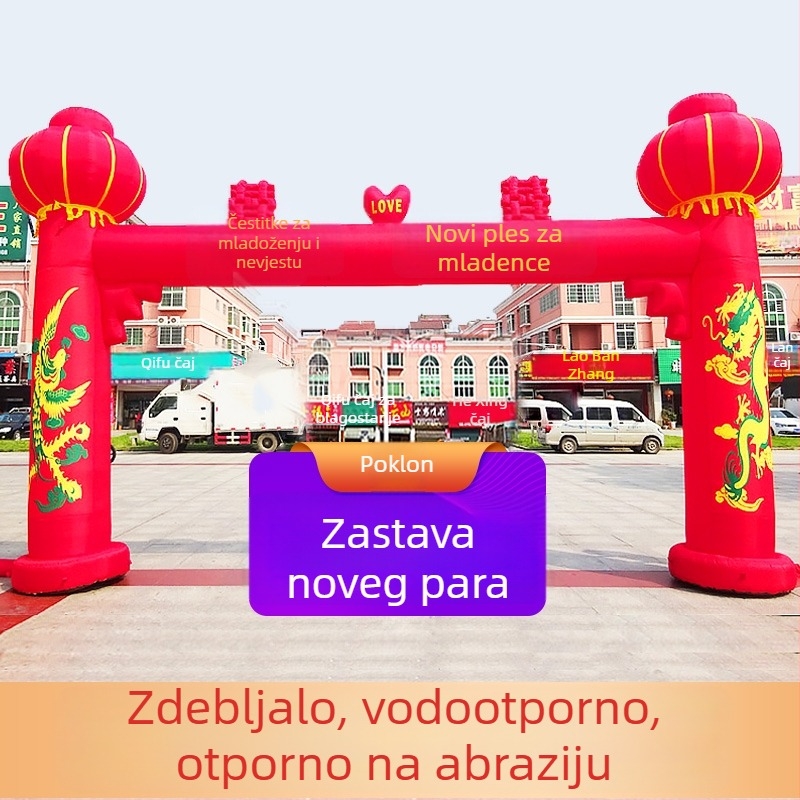 Napuhiva svadbena luka za otvoreno s motivom Zmaja i Feniksa te lukom duge