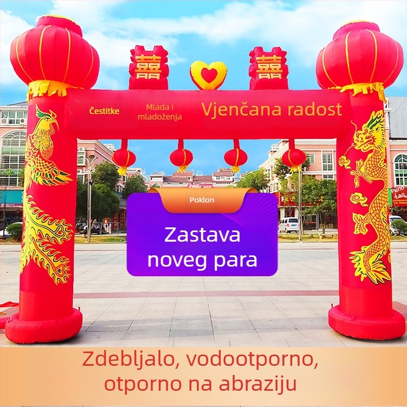 Napuhiva svadbena luka za otvoreno s motivom Zmaja i Feniksa te lukom duge