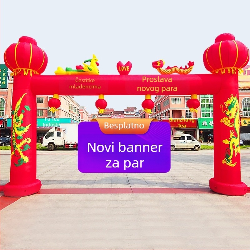 Napuhiva svadbena luka za otvoreno s motivom Zmaja i Feniksa te lukom duge