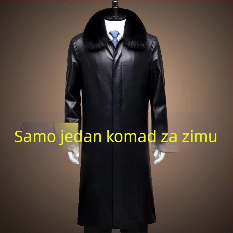 Muška PU kožna jakna s reverom, duga, jednoredno kopčanje