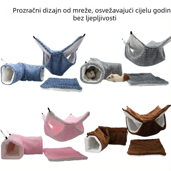 Toplo gnijezdo za male kućne ljubimce – 3-djelni set s dvostrukim visećim hamakom, podlogom za hrčka i skrivenim tunelom; koralni fleece