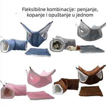 Toplo gnijezdo za male kućne ljubimce – 3-djelni set s dvostrukim visećim hamakom, podlogom za hrčka i skrivenim tunelom; koralni fleece