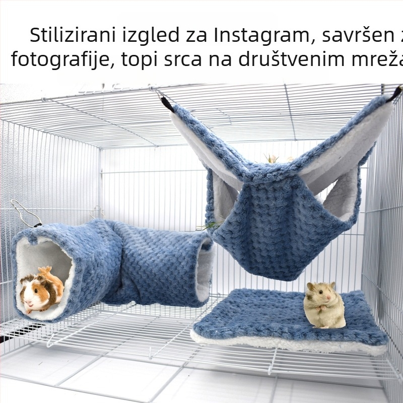 Toplo gnijezdo za male kućne ljubimce – 3-djelni set s dvostrukim visećim hamakom, podlogom za hrčka i skrivenim tunelom; koralni fleece