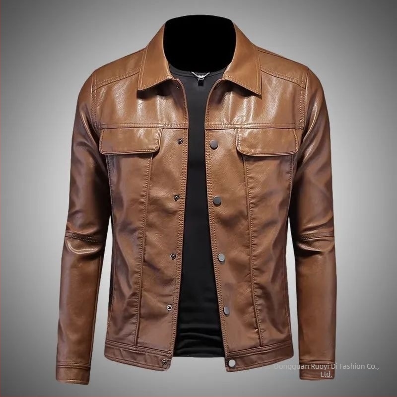 Muška kratka kožna jakna, uski kroj, minimalistički casual stil, ovčja koža, proljeće i jesen, zatvarač